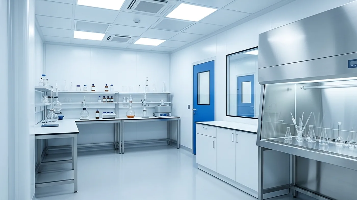 A research laboratory cleanroom with white benches, a laminar flow cabinet and HEPA ceiling.