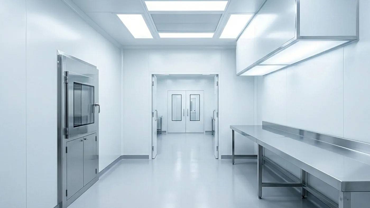 An EU-GMP graded cleanroom production suite with HEPA ceiling units.