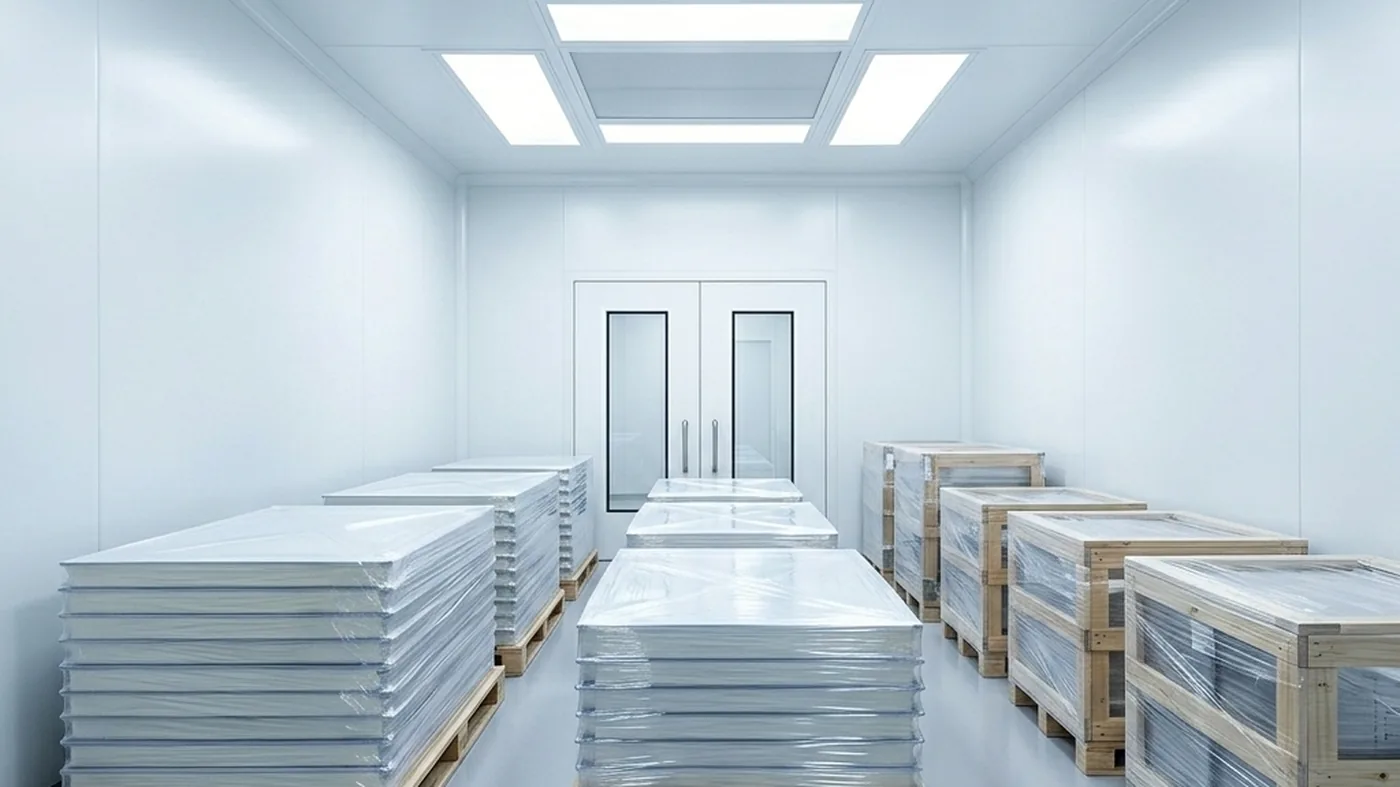 Modular cleanroom units and flat-packed panels prepared for export shipping.