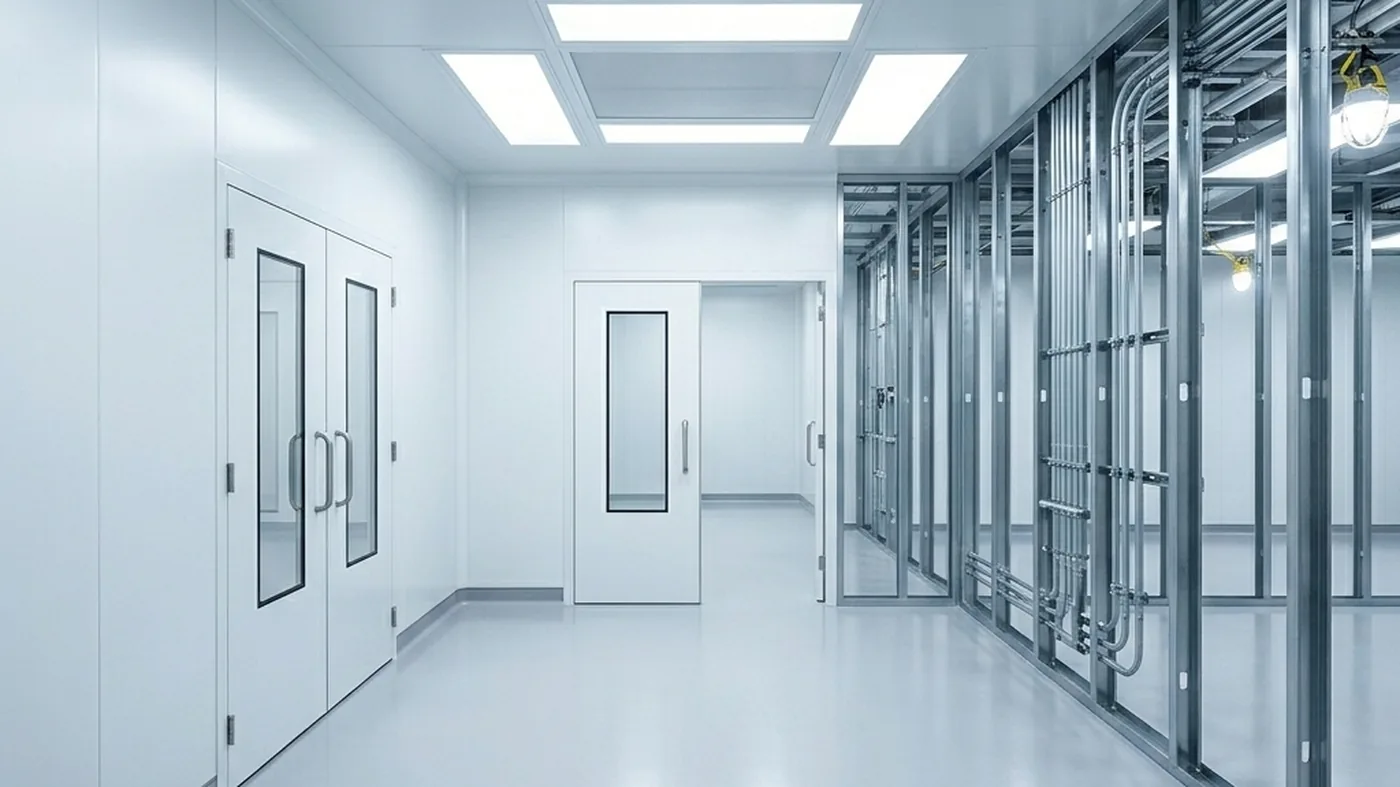 A modular cleanroom built from prefabricated white sandwich panels.