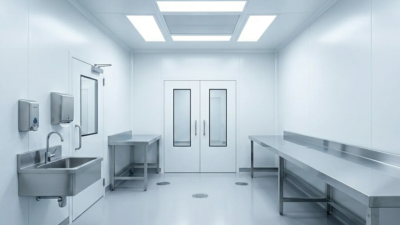 A hygienic food-production cleanroom with white cladding, stainless equipment and a washdown floor.