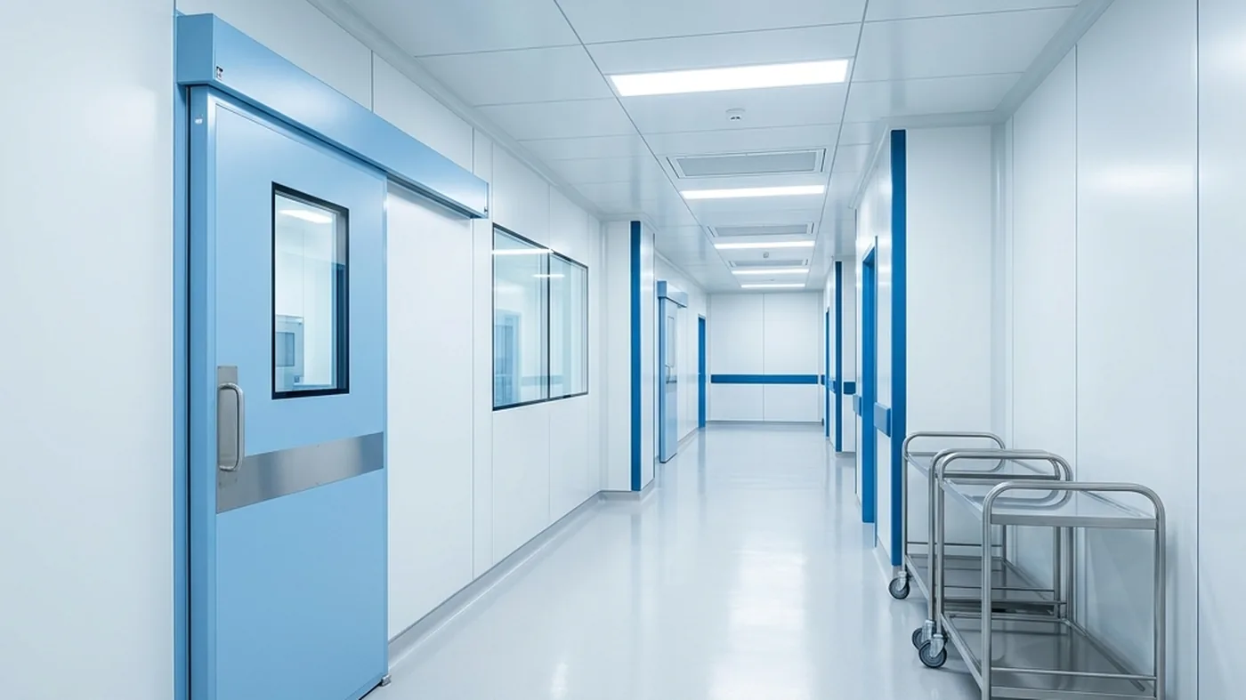 A hospital cleanroom corridor with seamless antibacterial panels and a hermetic sliding door.