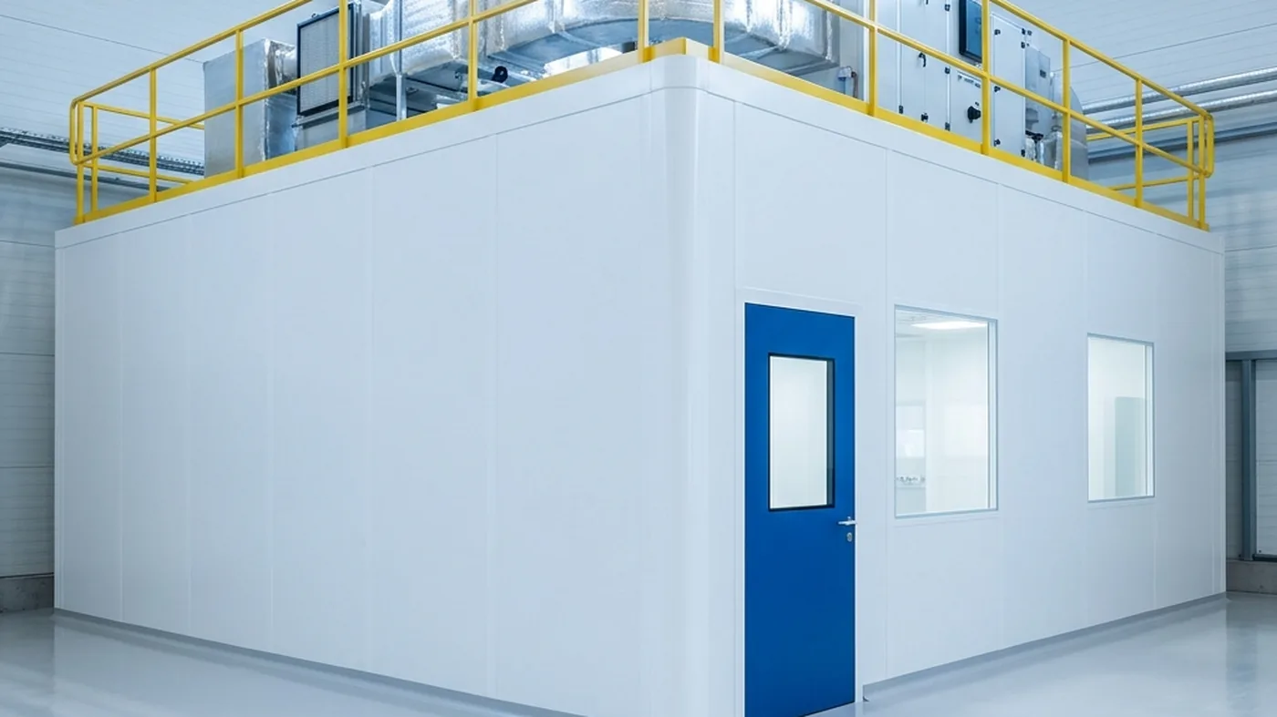 A completed white modular cleanroom installed inside an industrial hall, with a blue cleanroom door and rooftop HVAC ducting.