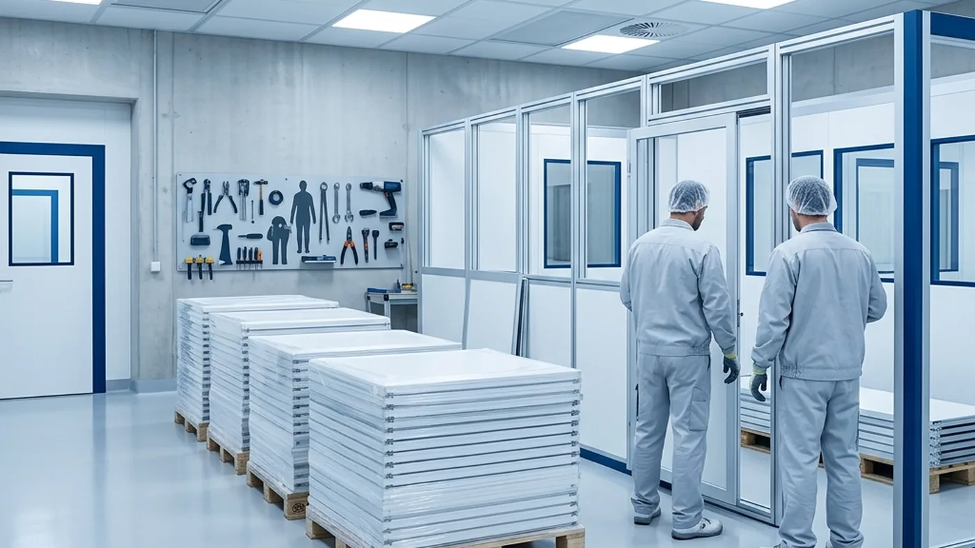Workers assembling modular cleanroom wall panels on a clean fabrication floor, with finished white panels stacked on pallets.