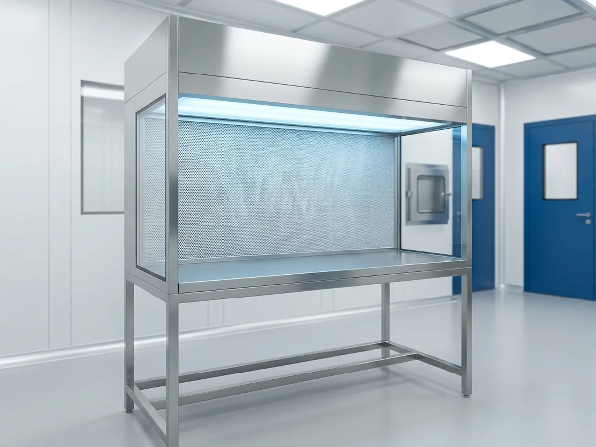 Stainless-steel horizontal laminar air flow clean bench with a HEPA back wall in a laboratory.