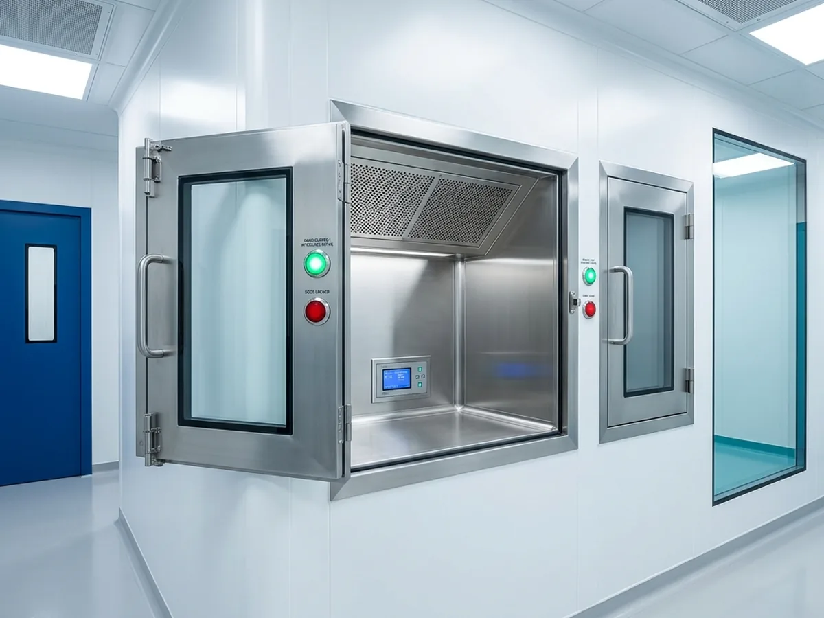 A stainless-steel dynamic pass box built into a white cleanroom wall with interlocked doors.