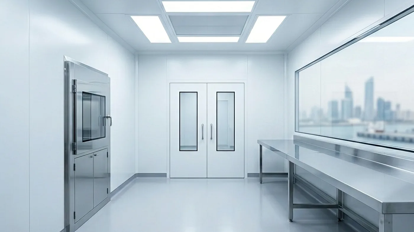 A clean modular cleanroom interior with white sandwich panels and HEPA ceiling lighting.