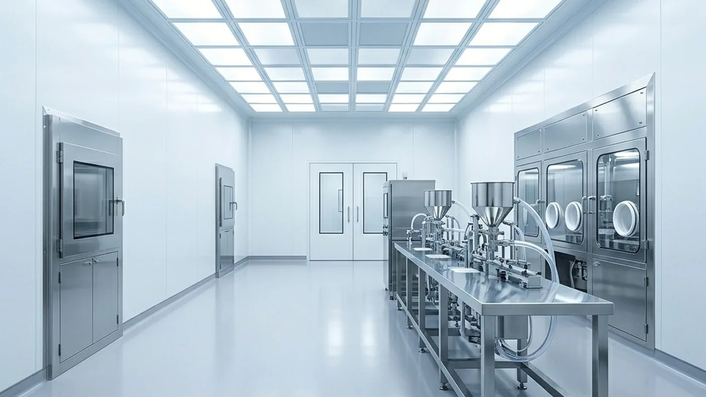 A sterile-grade cleanroom with laminar-flow HEPA ceiling and crevice-free finishes.