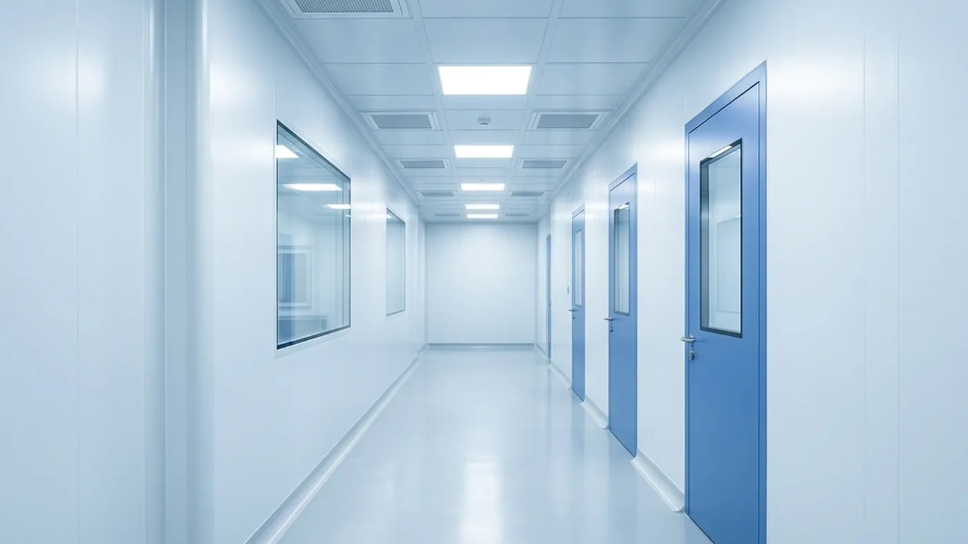 A bright modular cleanroom corridor with flush white panels, recessed LED and HEPA ceiling units.