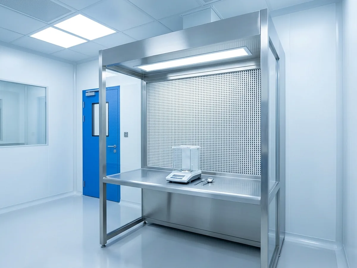 Stainless-steel weighing and sampling booth with a perforated HEPA back wall and downflow canopy in a pharmaceutical dispensary.