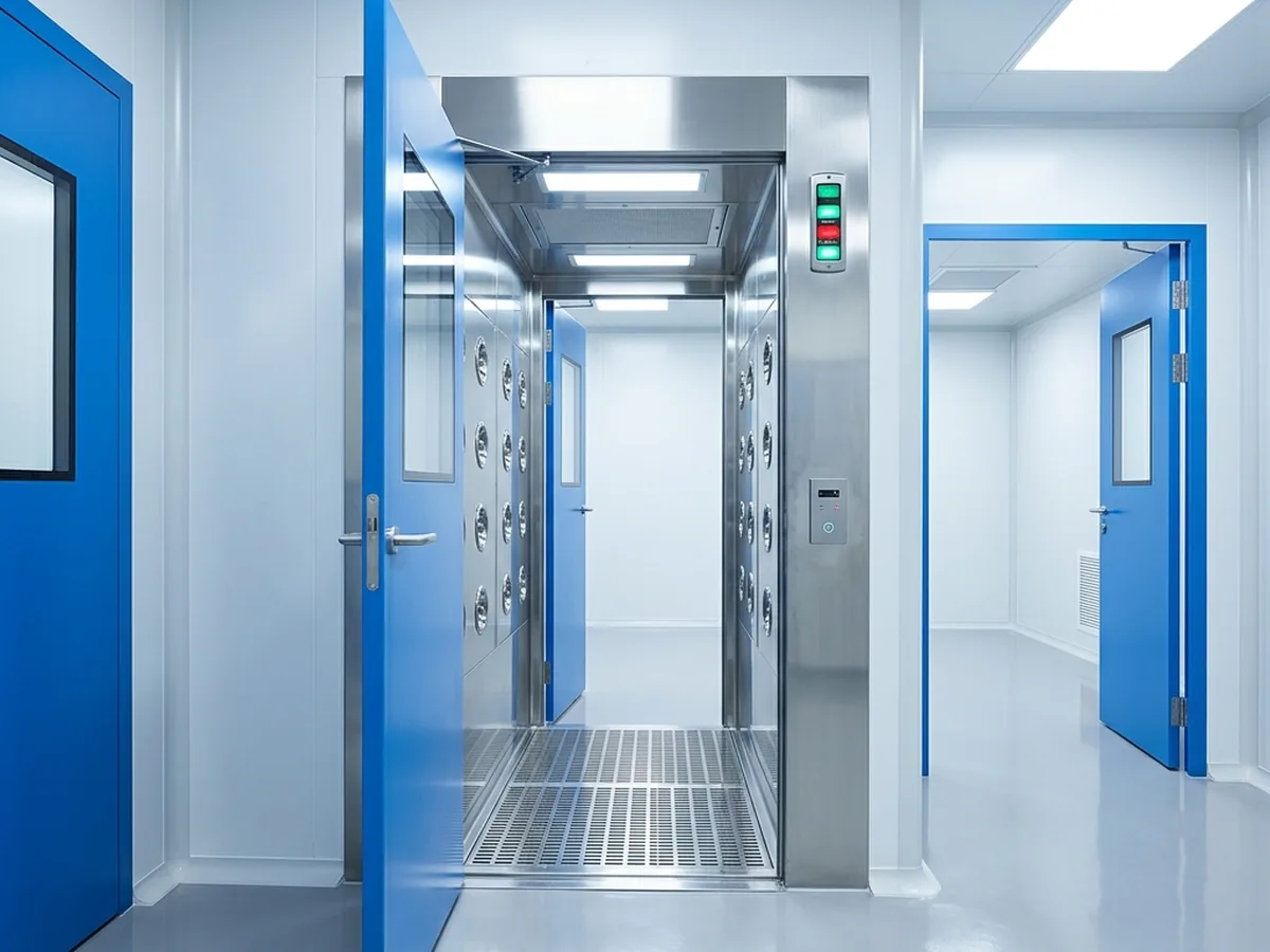 Brushed stainless-steel personnel air shower installed between a gowning room and a cleanroom, with HEPA-filtered nozzles and interlocked doors.