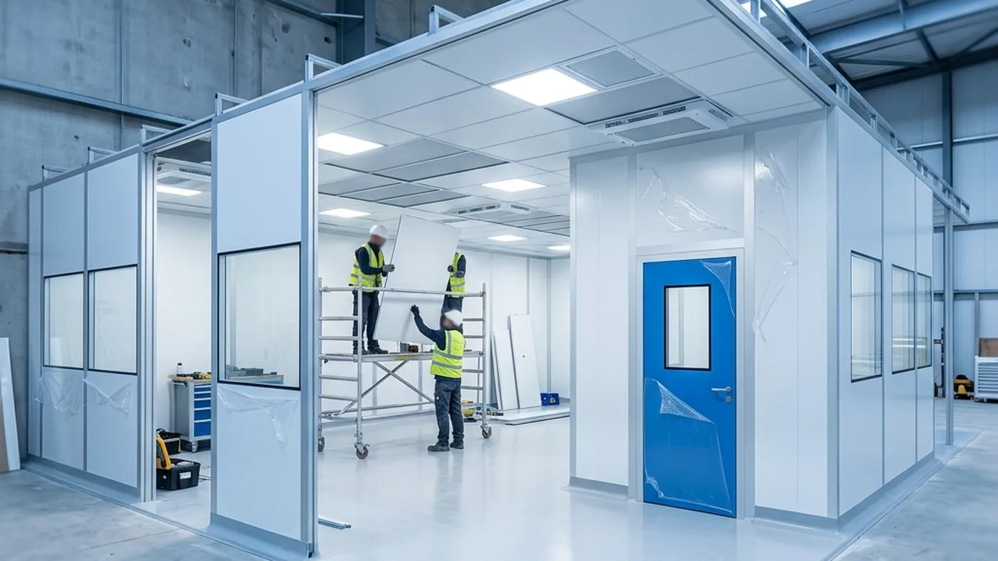 A modular cleanroom partway through installation inside an industrial shell, with white panels going up on aluminium framing.