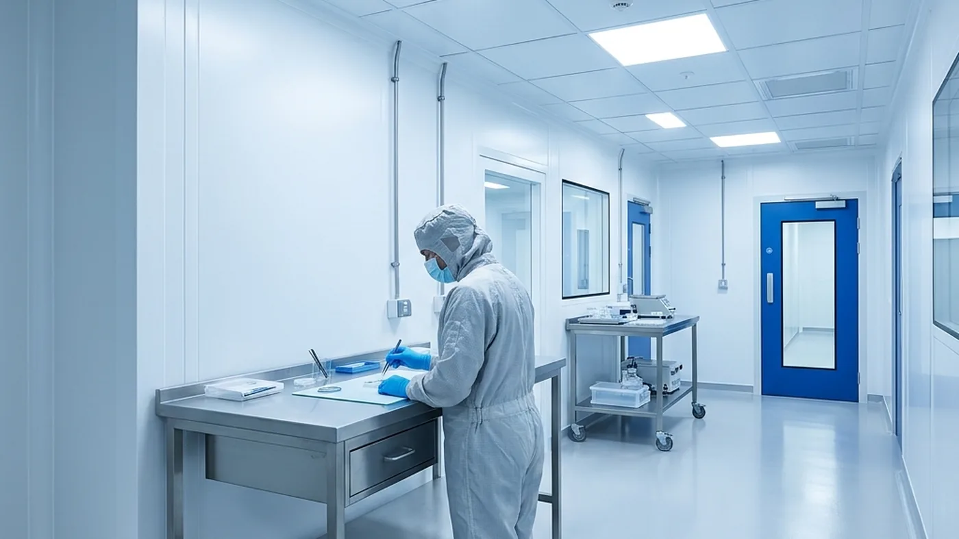 A fully gowned operator working at a stainless bench in an ISO-classified cleanroom with white panels and a blue door.