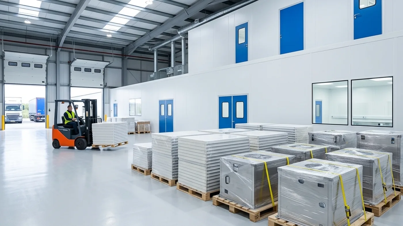 A warehouse with stacked, shrink-wrapped modular cleanroom units and palletised panels ready for export shipping.