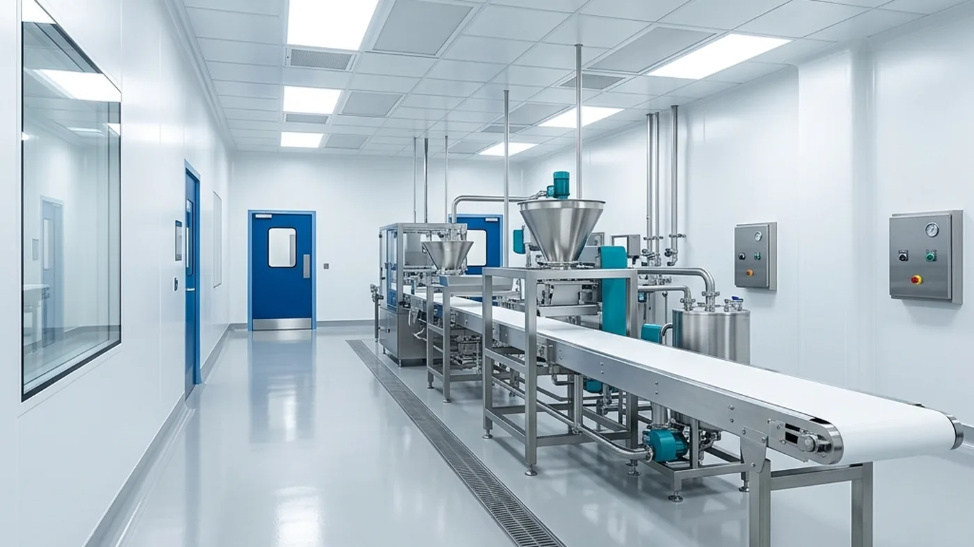 A hygienic food-production cleanroom with white cladding, stainless equipment and a washdown floor.