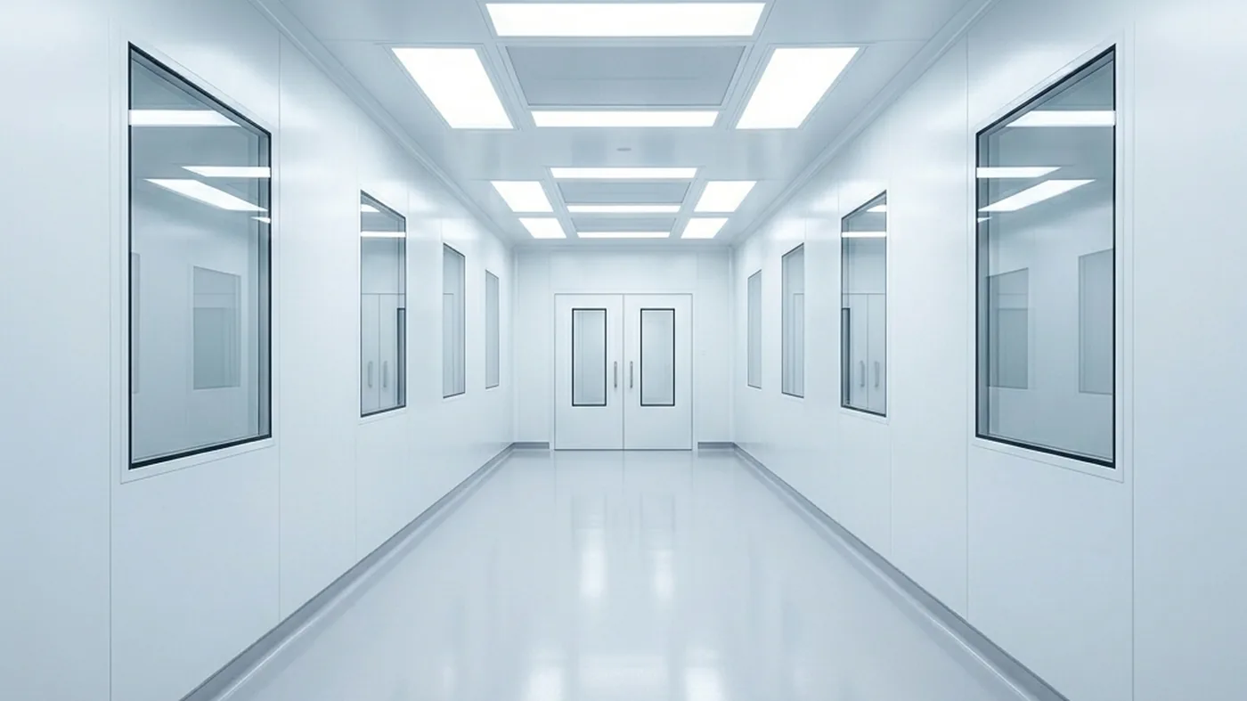 A modern modular cleanroom corridor with white panels, HEPA ceiling units and a polished epoxy floor.