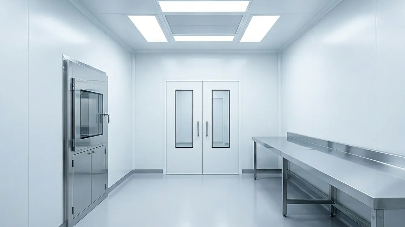 A pharmaceutical GMP cleanroom production suite with white panels and HEPA ceiling units.