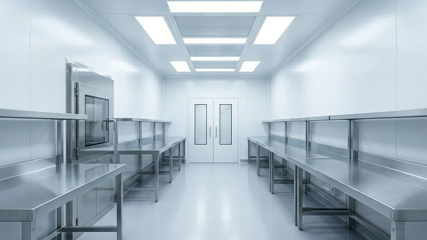 An electronics cleanroom with a fan-filter-unit ceiling and antistatic work benches.