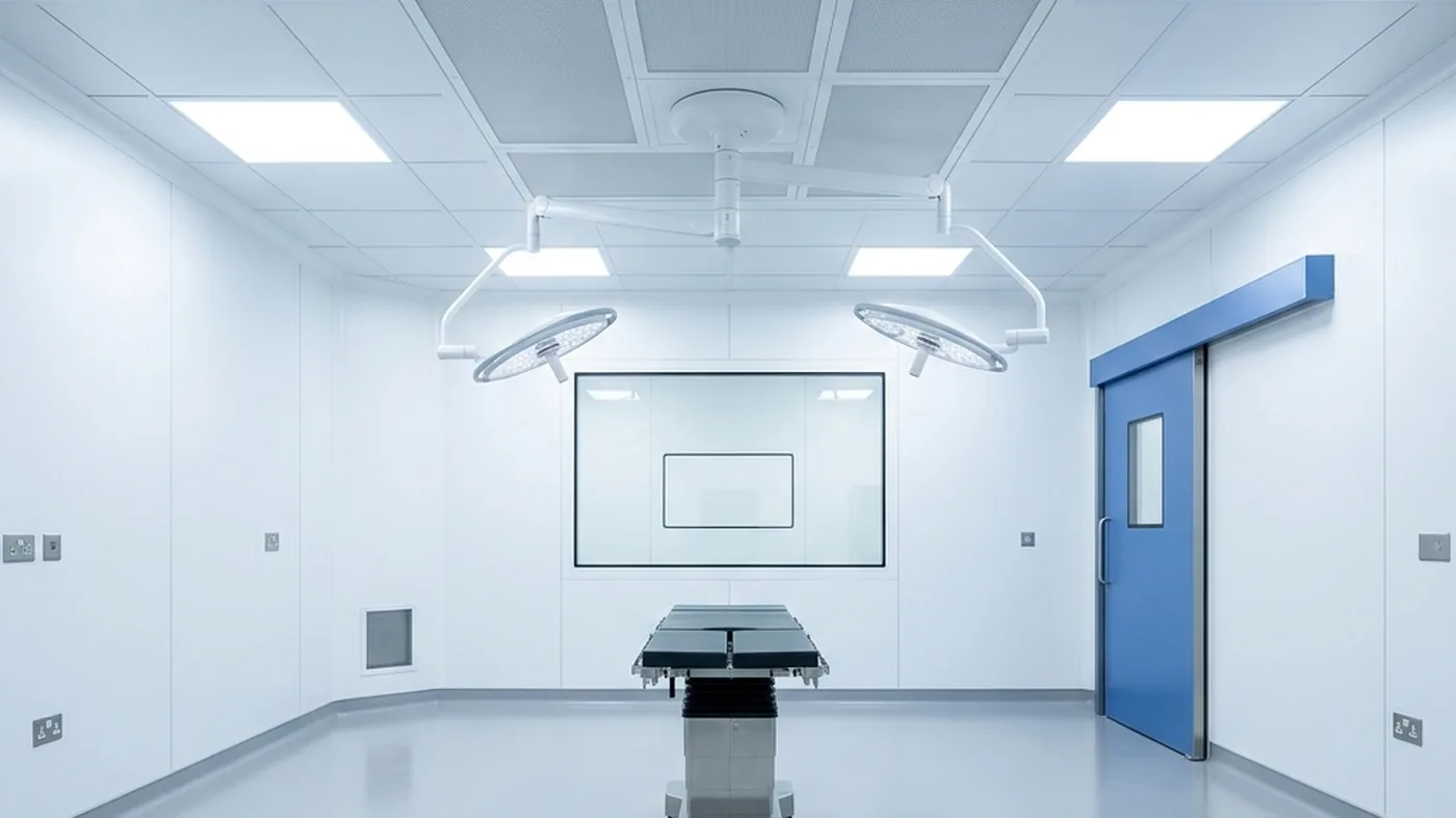 Modern modular operating theatre with seamless antibacterial panels and a ceiling laminar-airflow diffuser above the table.