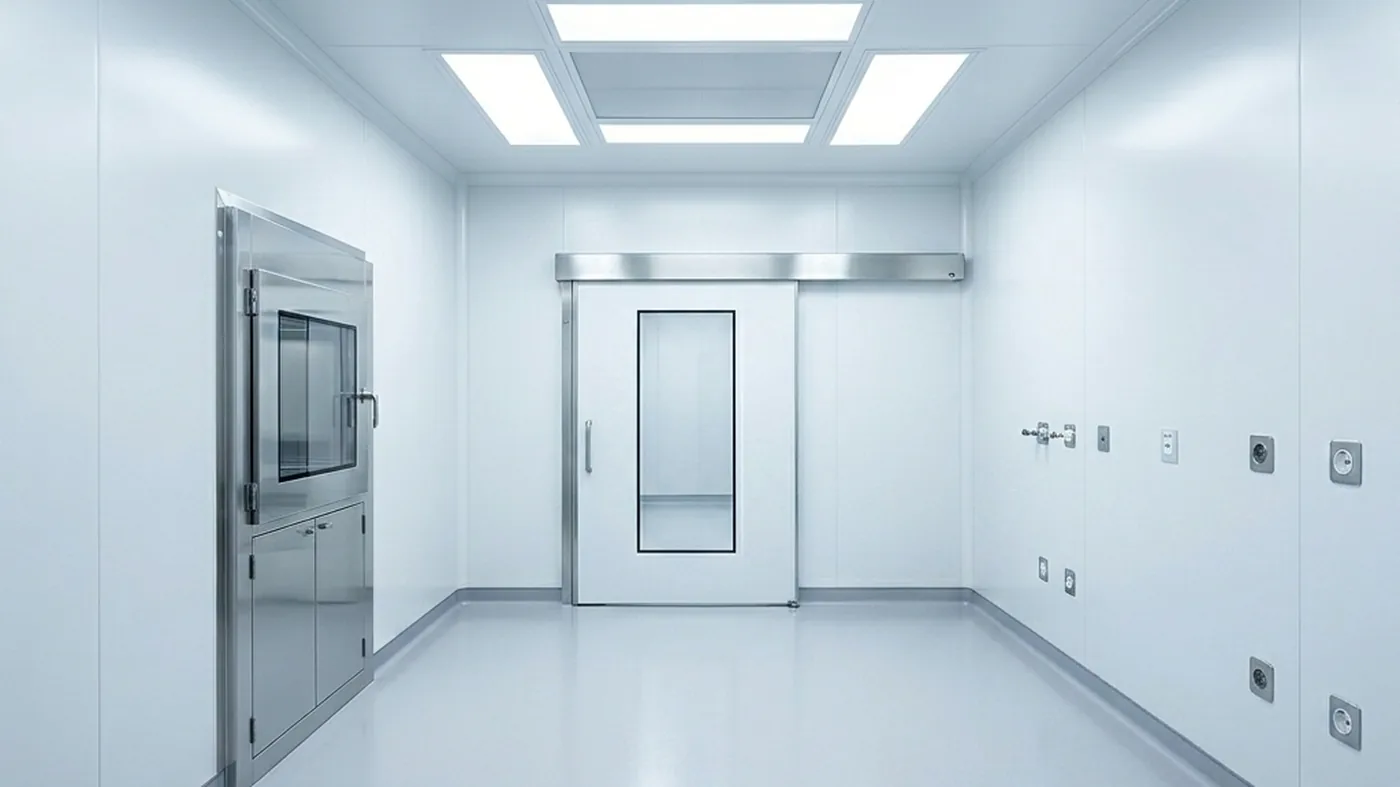 A medical-device cleanroom with seamless panels and HEPA ceiling units.